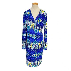 Jones New York Dress Womens Large Blue Yellow Vivid NWT Long Sleeve Sheath Midi